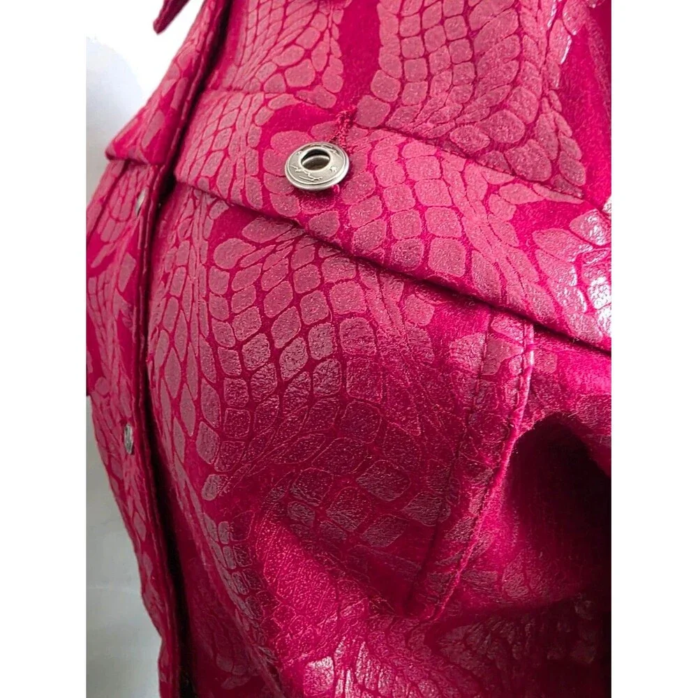 Vtg Fubu Red Faux Leather Textured Print Shine Cropped Jacket Button Up Sz 9/10